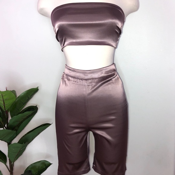 LAST 1 // Mauve Satin Bandeau Biker Shorts Set - Picture 3 of 5